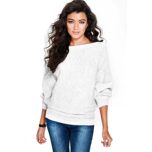 Women Sweater Fashion Knitted Slash Neck Sweater And Pullovers Casual Full Batwing Sleeve Solid Knittwear #WY SM6