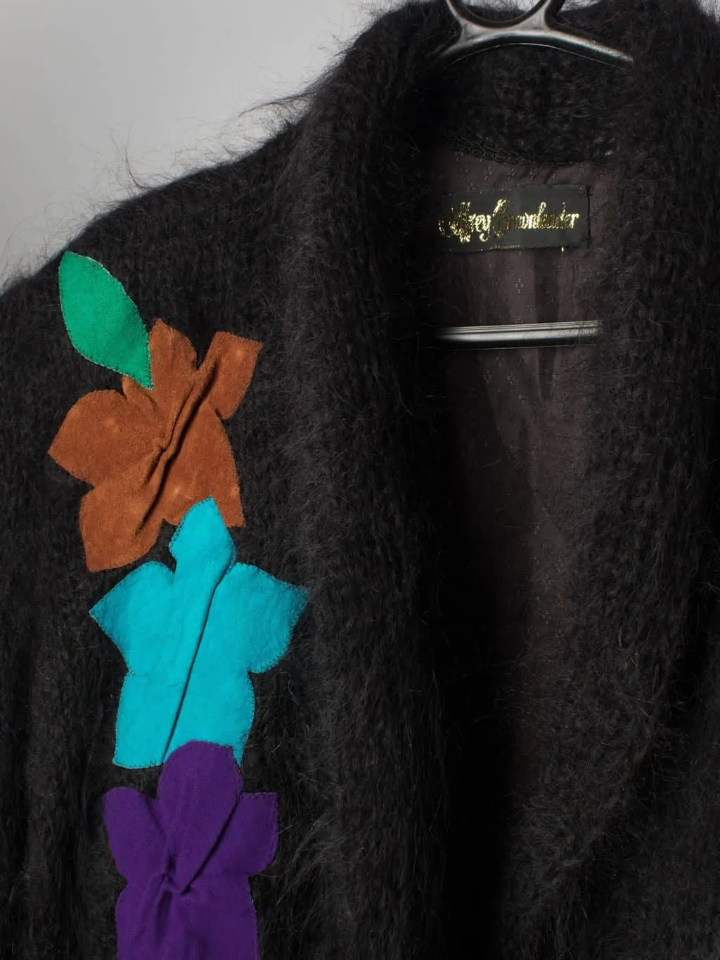 Womens 1980s vintage Jeffrey Brownleader mohair fluffy cardigan with suede appliqué peacock – Small / Medium