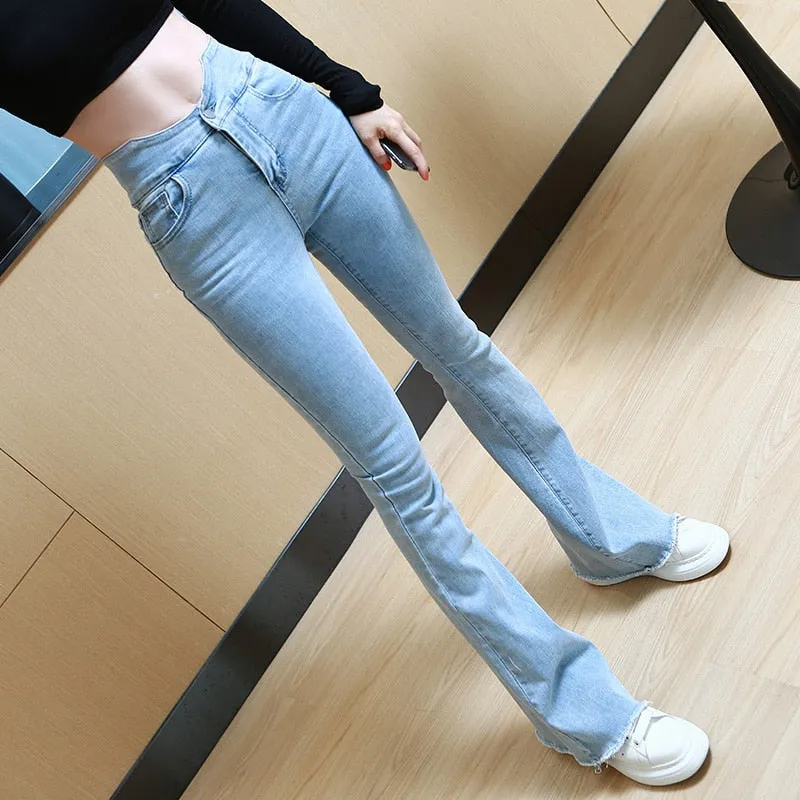 Women's High Waist Light Blue Cotton Zipper Fly Office Lady Flare Pants