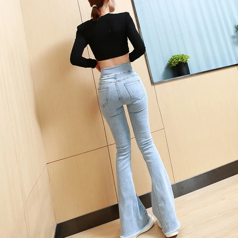 Women's High Waist Light Blue Cotton Zipper Fly Office Lady Flare Pants