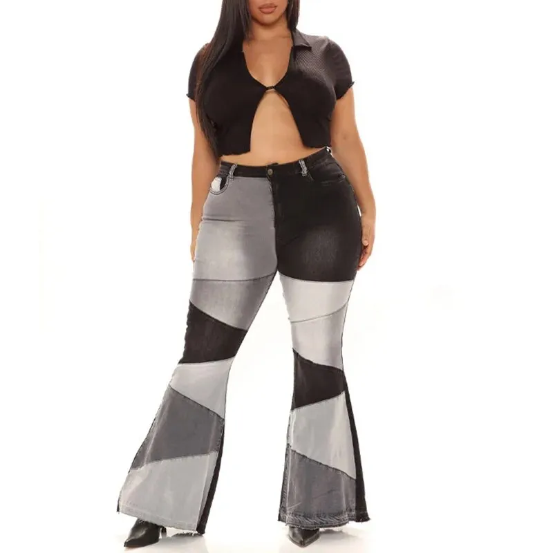 Women's Vintage High Waist Elastic Contrast Patchwork Flare Pants