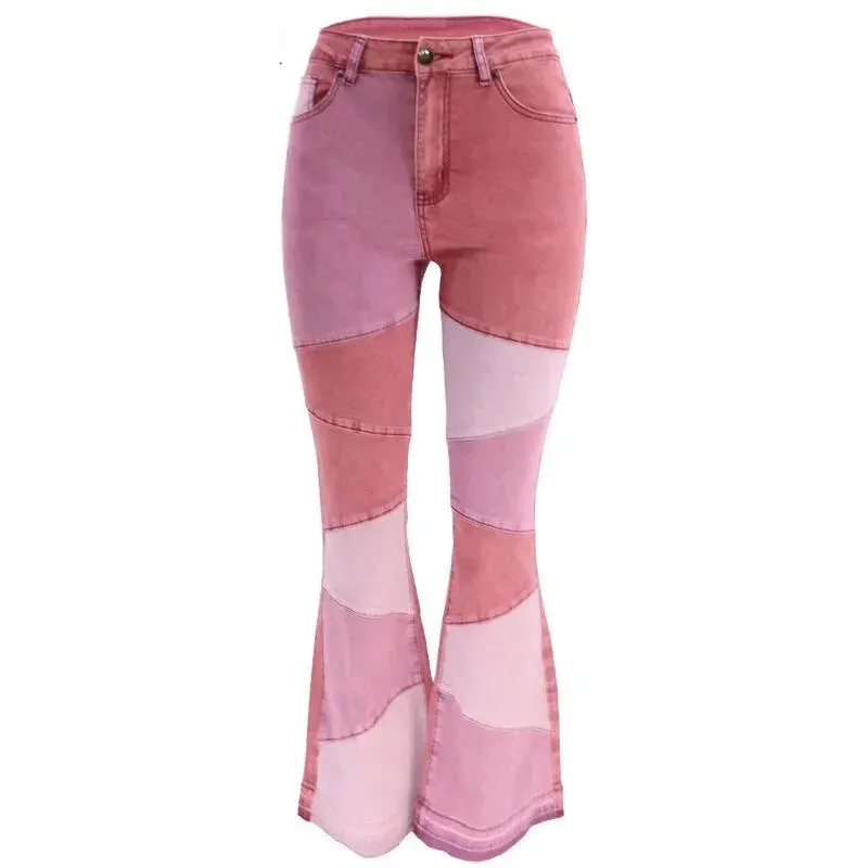 Women's Vintage High Waist Elastic Contrast Patchwork Flare Pants