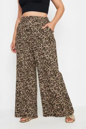 YOURS Curve Brown Leopard Print Crinkle Trousers