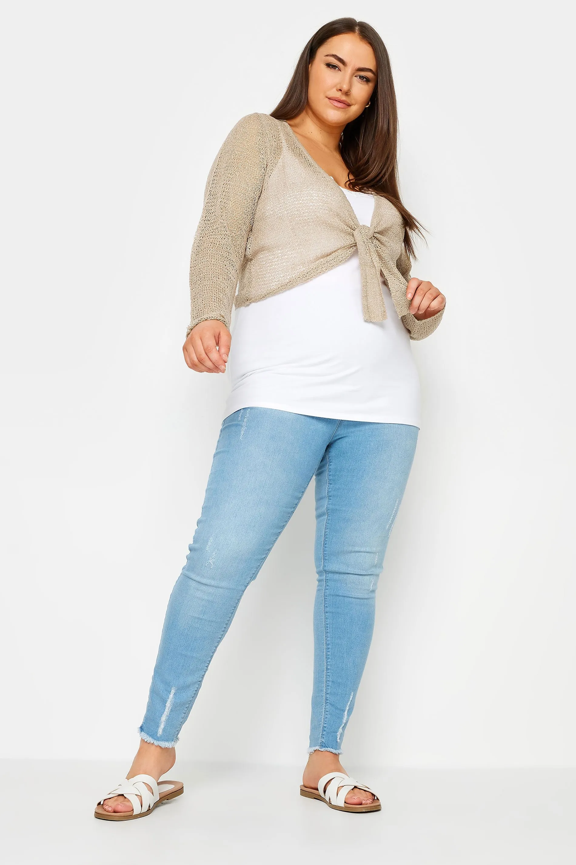 YOURS Curve Natural Brown Crochet Tie Front Cardigan